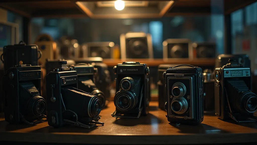 Vintage cameras in antique shop