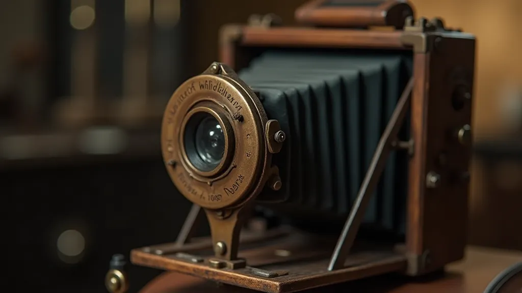 Close-up of a bellows camera lens and shutter