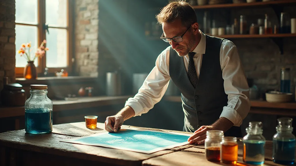Vintage cyanotype printing laboratory