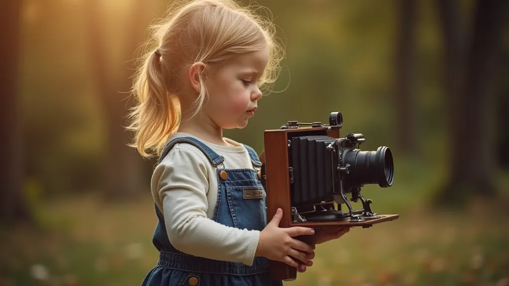 Girl holding an antique bellows camera