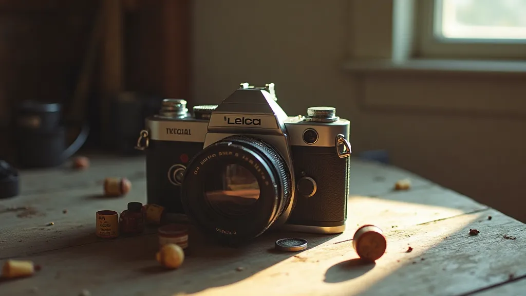 Vintage Leica camera and film on a wooden table
